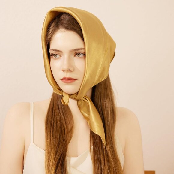 Versatile 23” Satin Scarf for Women - Elegant Gold Square Design for Daily Wear - Picture 3 of 6